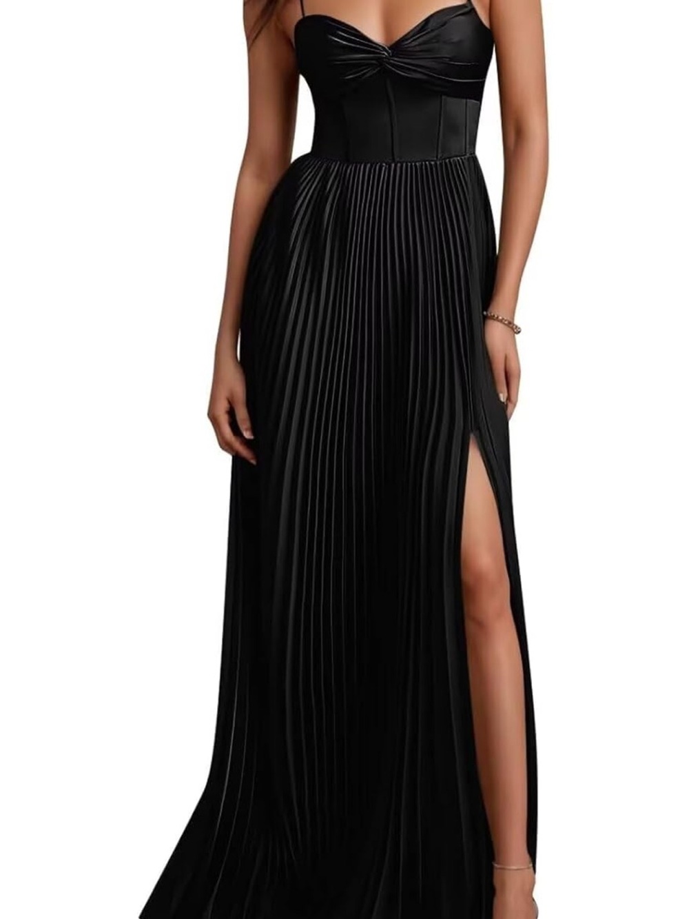 Lumiere Black Pleated Maxi Skirt with High Side Slit